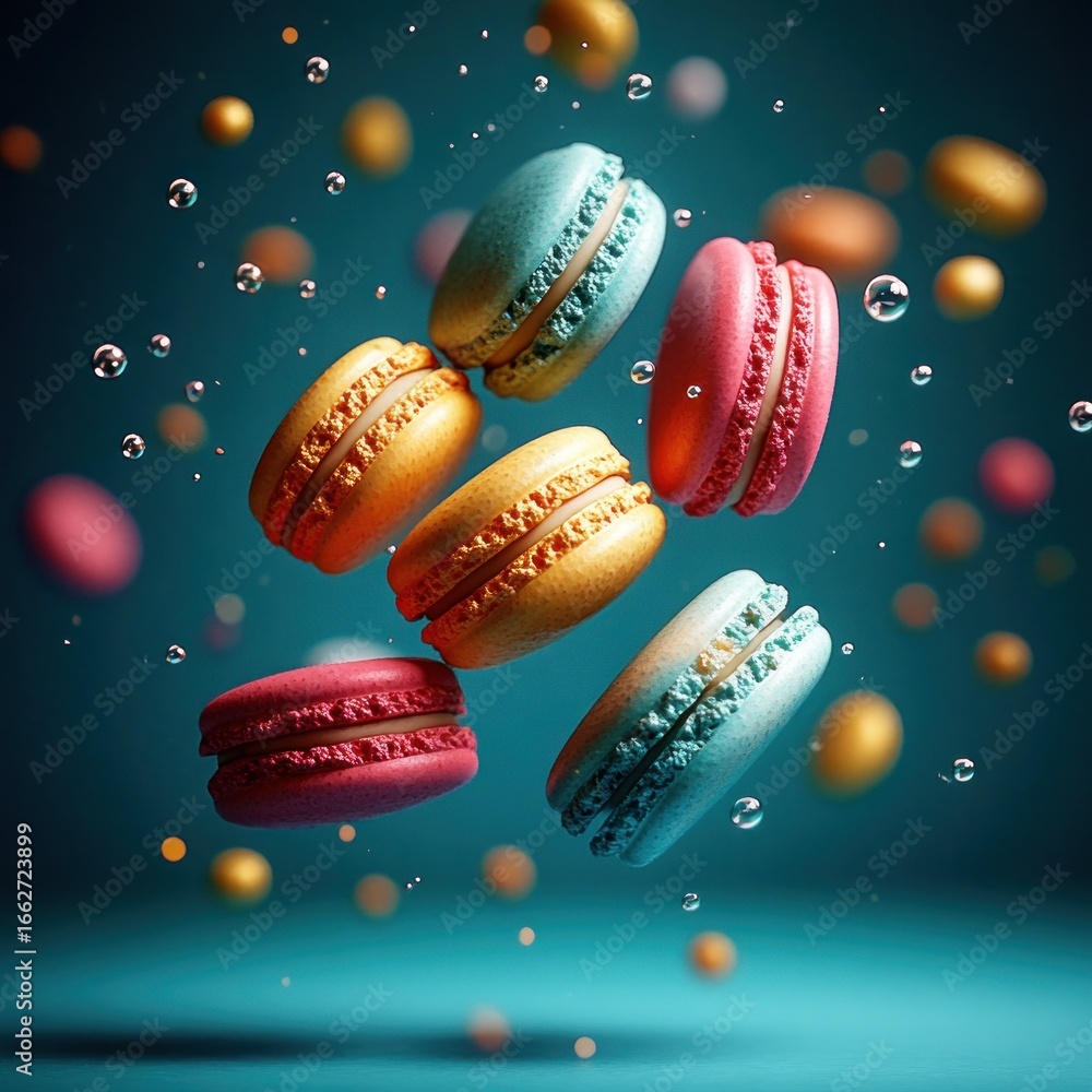 Poster colorful macarons floating in midair surrounded by small bubbles against a teal background, creating