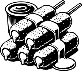 Illustration of a stack of corn dogs with sauce and a container of dipping sauce in black and white