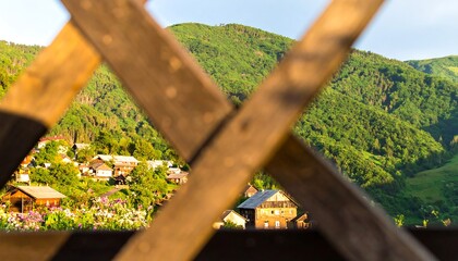 Wooden fence framing mountain village
