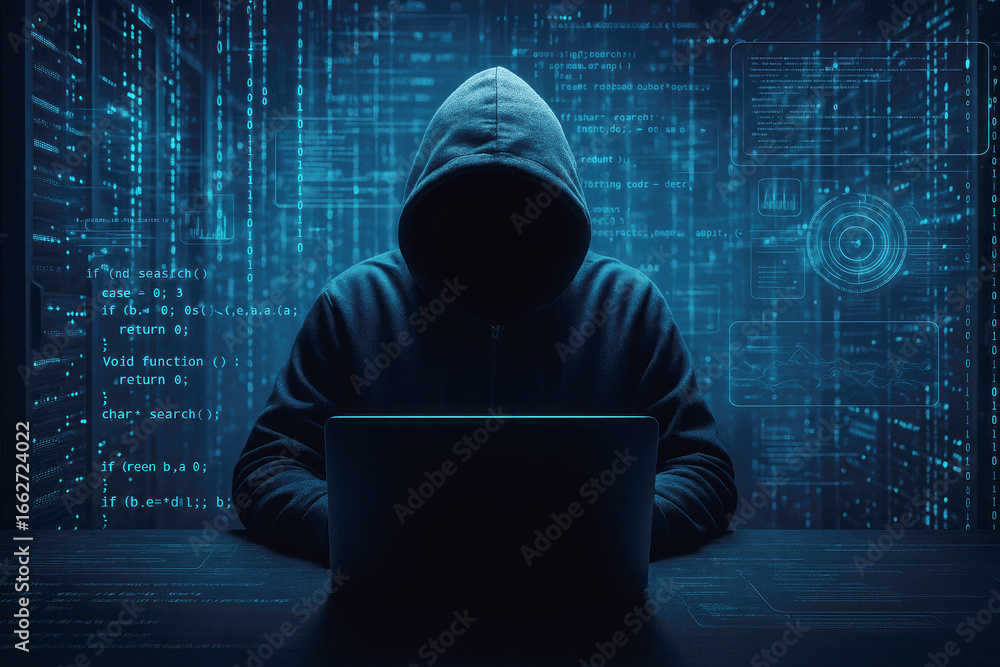 Aufkleber hacker in a hooded sweatshirt typing on a laptop with glowing code and data visualizations cybercrim