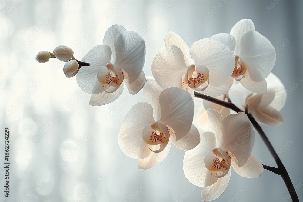 Poster delicate white orchid flowers with light and shadow detail on a blurred soft background creating a c