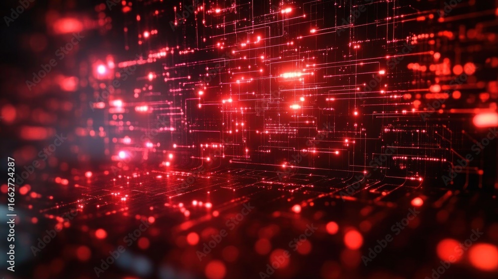 Poster glowing red digital circuit board-like network with interconnected lines and dots creating a futuris