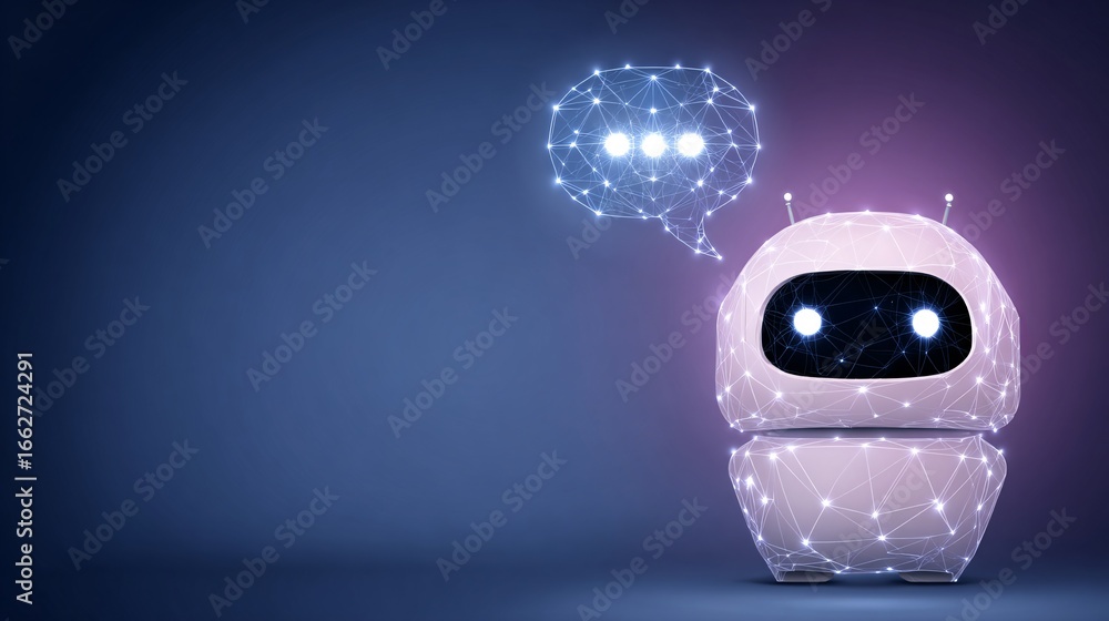 Poster abstract ai technology visualization featuring chatbot icon connected to neural data network, deep b