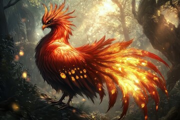 Fototapeta premium Majestic glowing phoenix-like bird with vibrant fiery feathers standing on a rock in a mystical forest illuminated by soft golden light