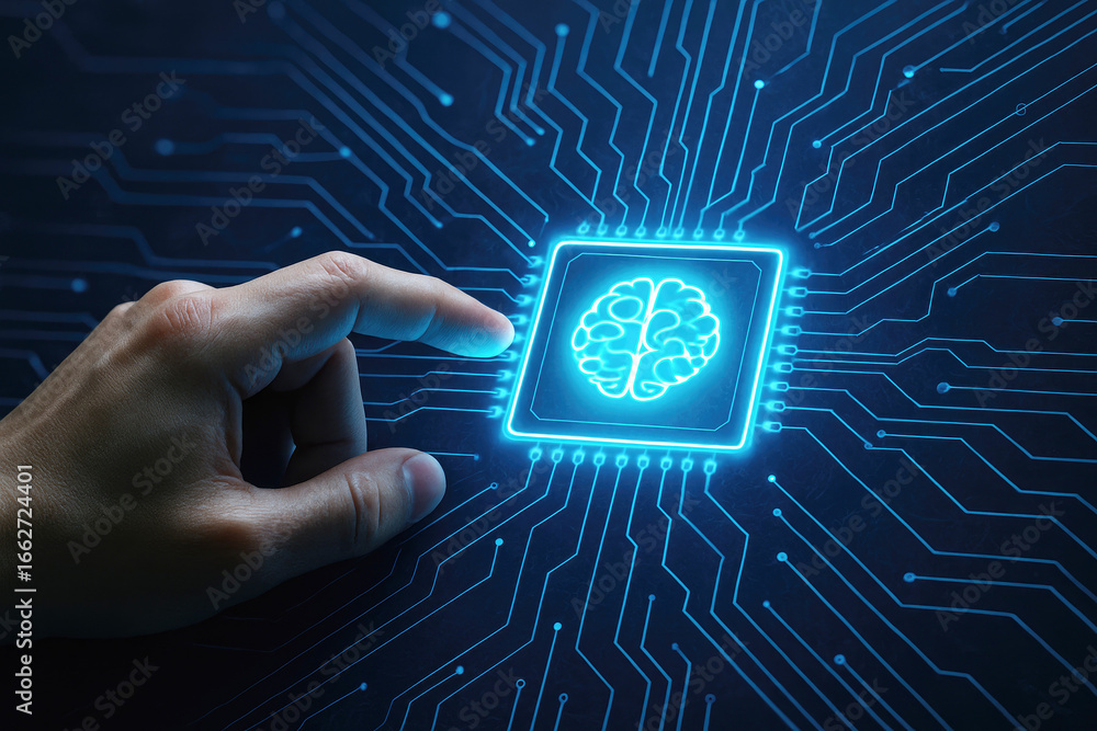 Poster human finger touching glowing blue brain icon on a computer microchip circuit board artificial intel