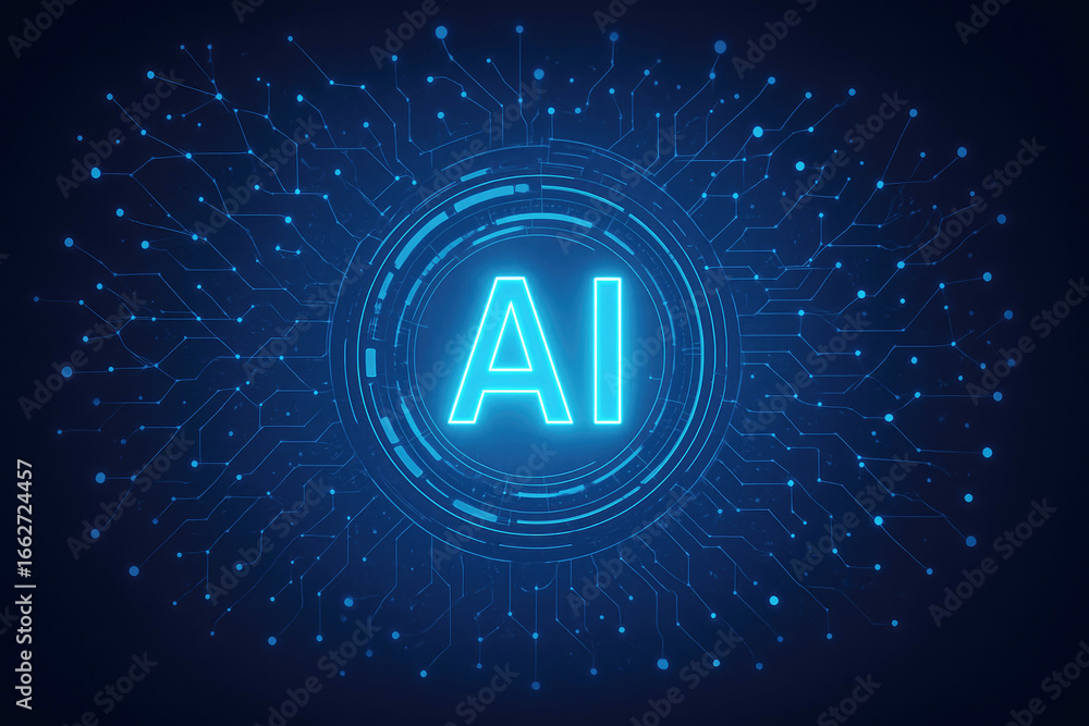 Poster illuminated ai emblem surrounded by a digital network and circuit board pattern artificial intellige