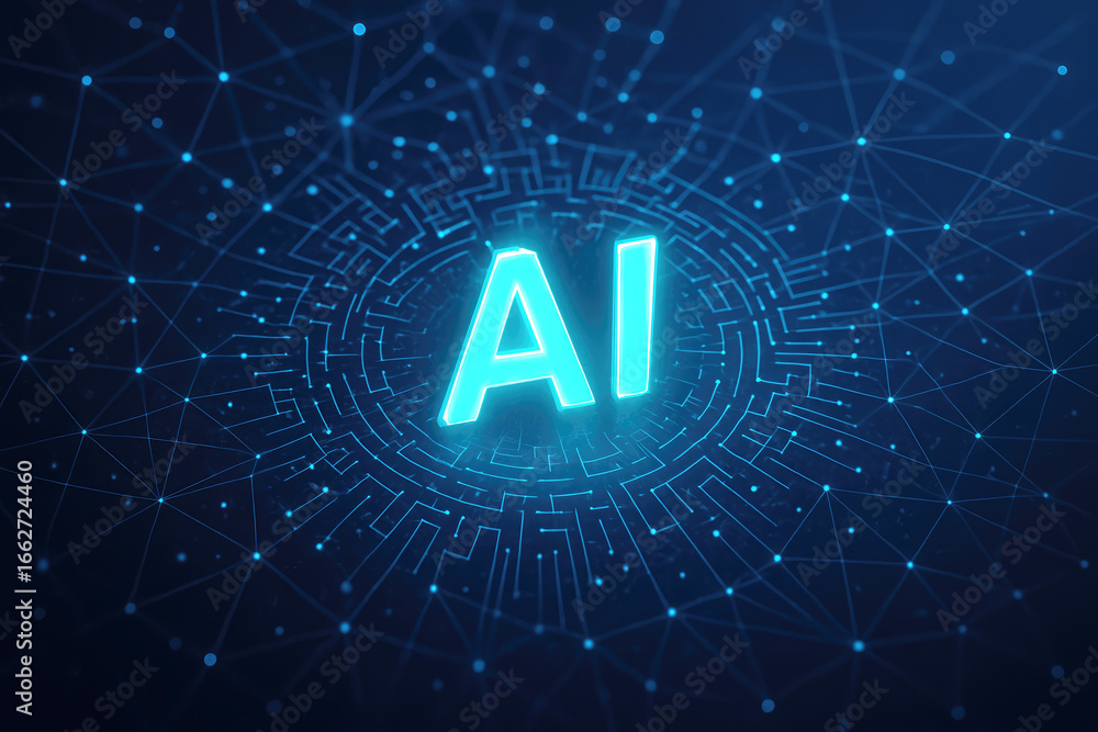 Poster illuminated ai symbol within a digital network grid with glowing connections and data points artific