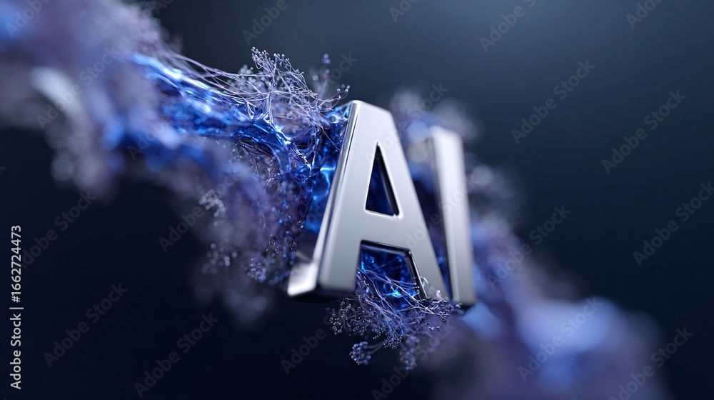 Poster abstract ai technology visualization featuring chatbot icon connected to neural data network, deep b