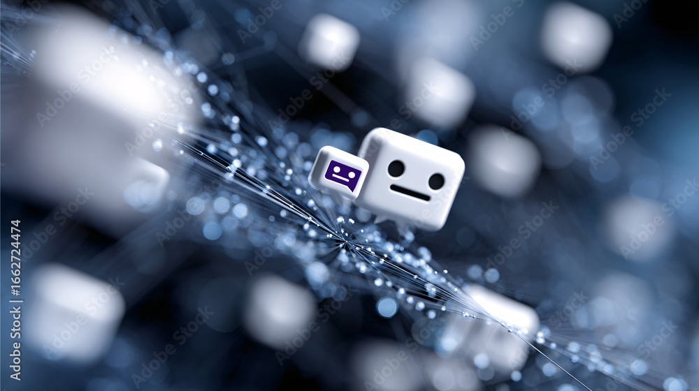 Poster abstract ai technology visualization featuring chatbot icon connected to neural data network, deep b