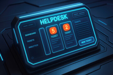 Illuminated helpdesk interface on a futuristic device showing ticket management and analytics with neon blue glow