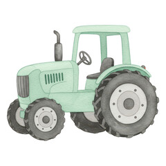 Obraz premium Light green watercolor tractor with large tires and exhaust pipe isolate