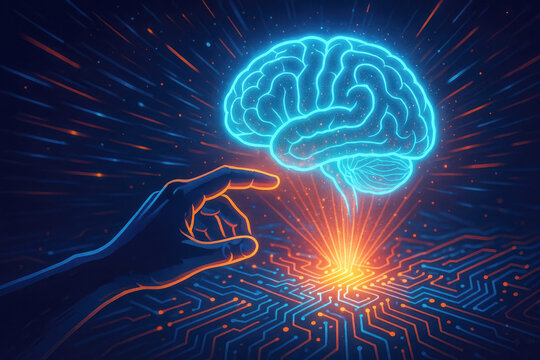 Human Hand Touching Glowing Blue Brain Hologram Emerging from Digital Circuit Board