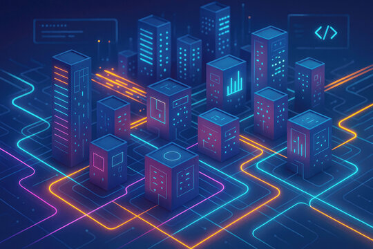 Isometric digital city with neon lines and data streams Keywords: city, urban, digital, technology, data, network, connection, futuristic, abstract, isometric, buildings, skyscrapers, architecture