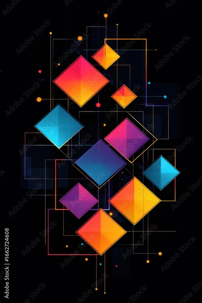 Poster abstract composition of colorful gradient squares connected by thin geometric lines on a black backg