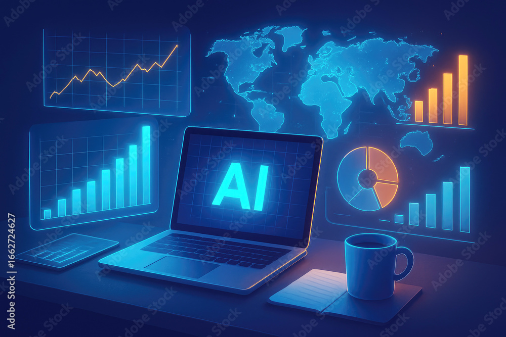 Poster laptop displaying ai with world map and financial growth charts on desk computer artificial intellig