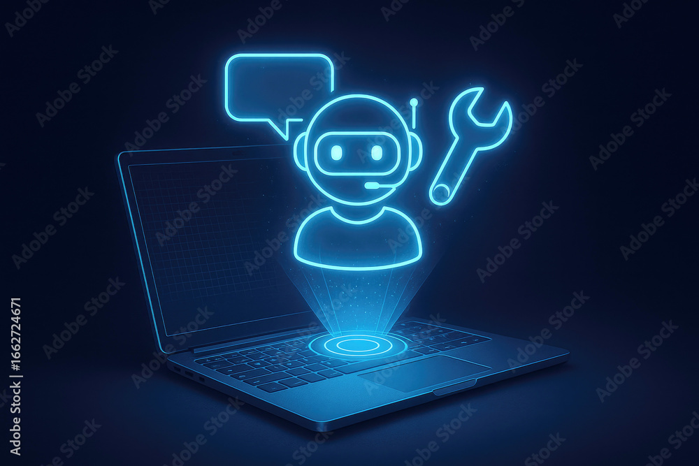 Poster laptop screen with glowing blue ai chatbot and speech bubble for online communication computer techn