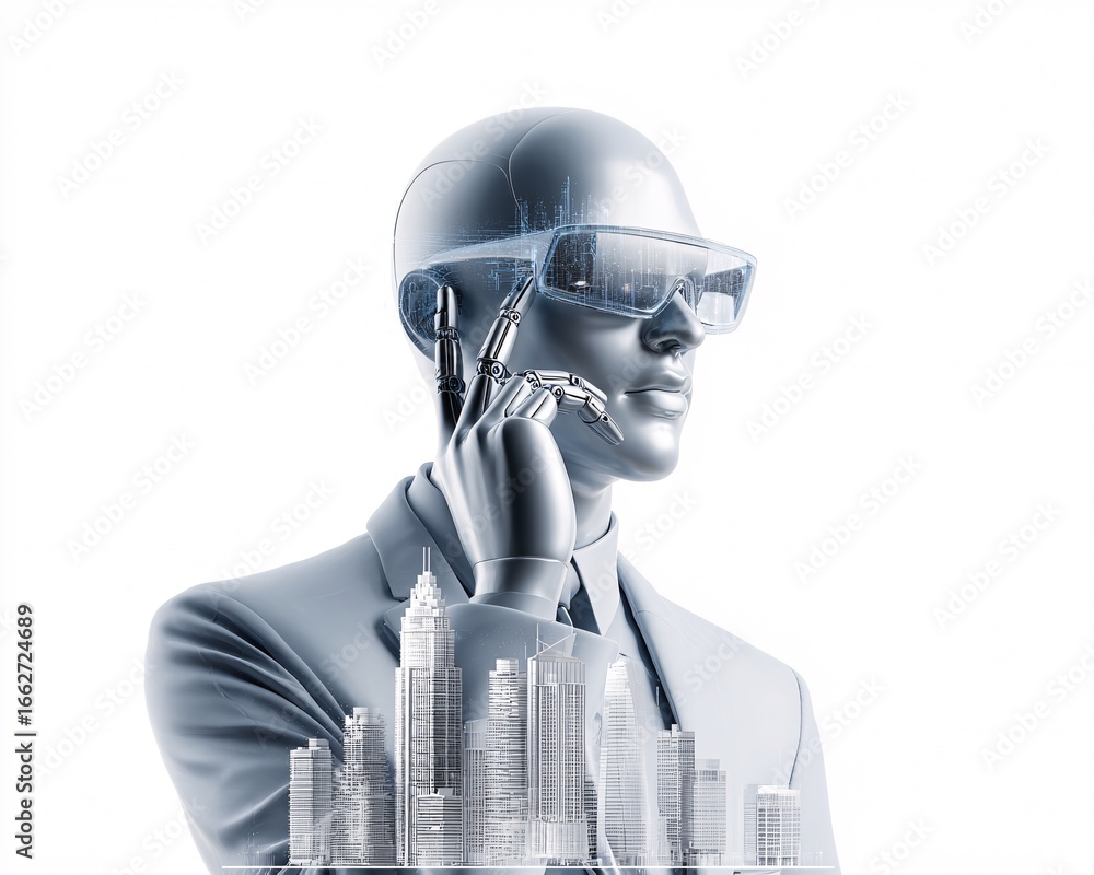 Poster futuristic ai-driven chatbot assistant interacting with customers through smart glasses hologram, sl