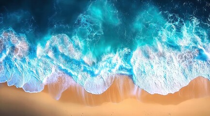 Obraz premium Aerial view of strong ocean waves crashing onto a sandy beach with bright turquoise water and white sea foam creating a dynamic, refreshing scene