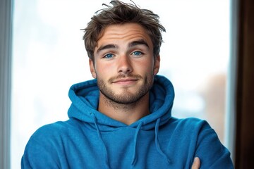 young man with bright blue eyes wearing a blue hoodie standing indoors with arms crossed and a confident, relaxed expression