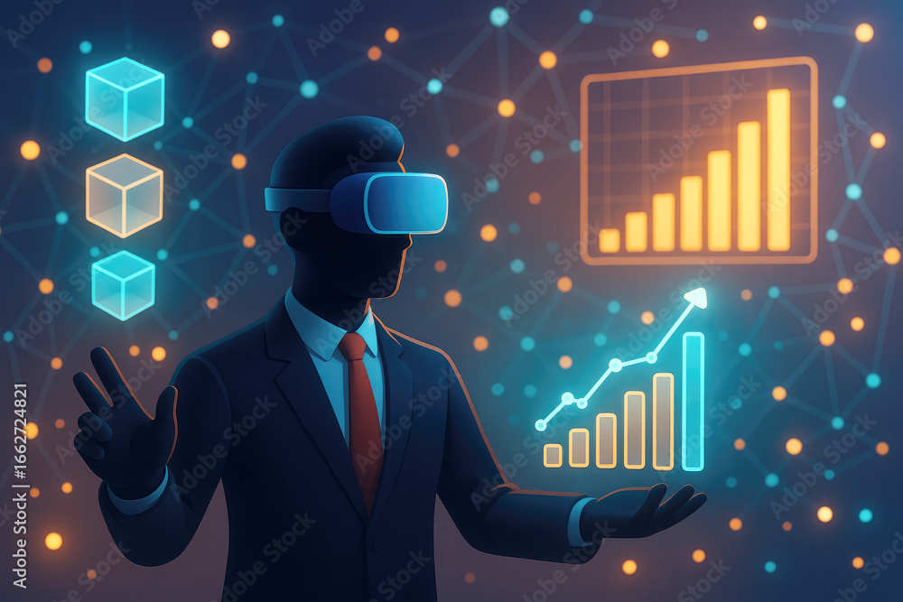 Poster man in vr goggles gesturing towards digital growth charts and floating cubes virtual reality technol