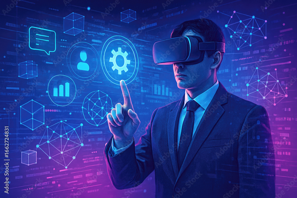 Poster man in suit wearing vr headset interacting with futuristic digital interface with icons and data vis