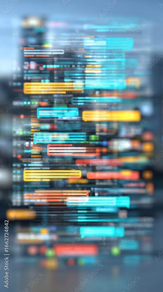 Poster abstract ai chatbot concept showing floating dialogue bubbles, data streams, and machine learning al