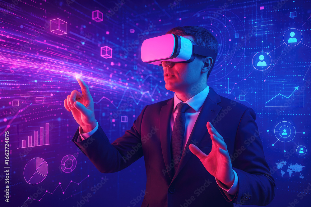 Poster man in vr goggles interacting with digital data streams and financial charts virtual reality headset