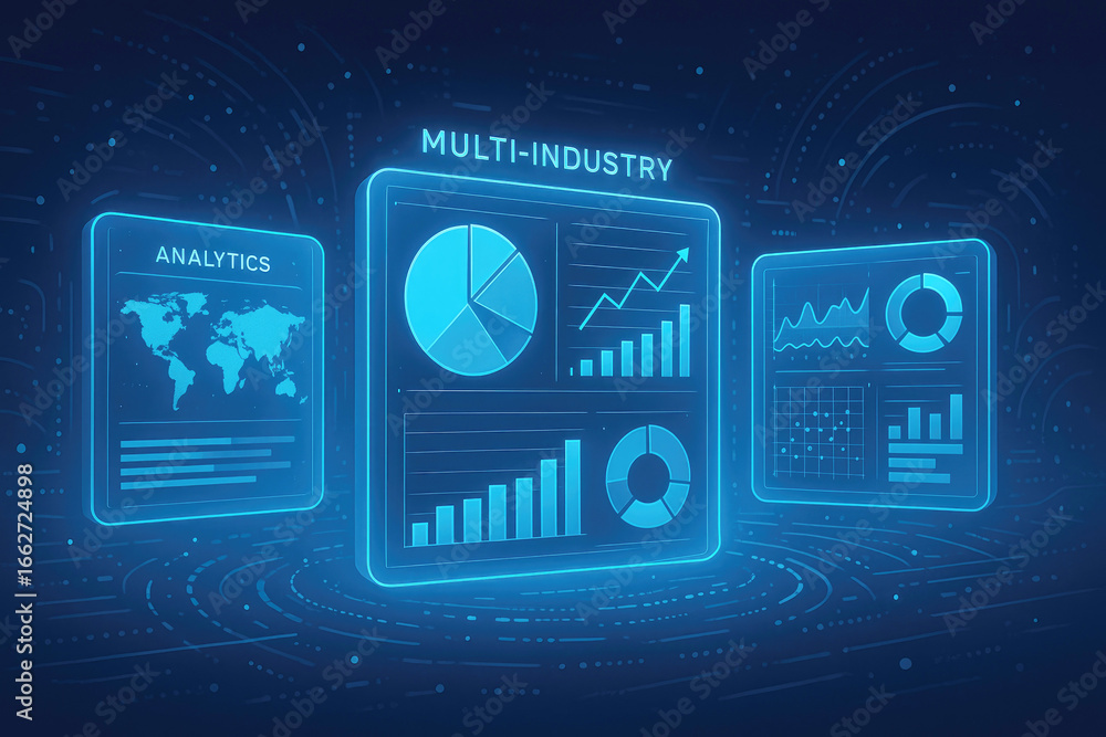 Poster multi- industry analytics dashboard with charts and world map data business