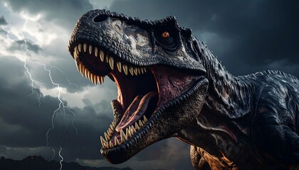 Tyrannosaurus Rex roaring in a stormy landscape