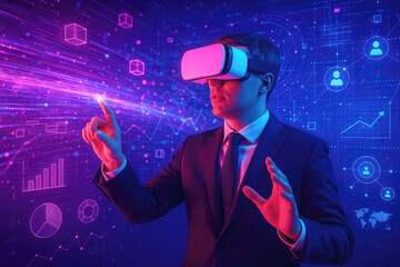 Man in VR Goggles Interacting with Digital Data Streams and Financial Charts virtual reality headset