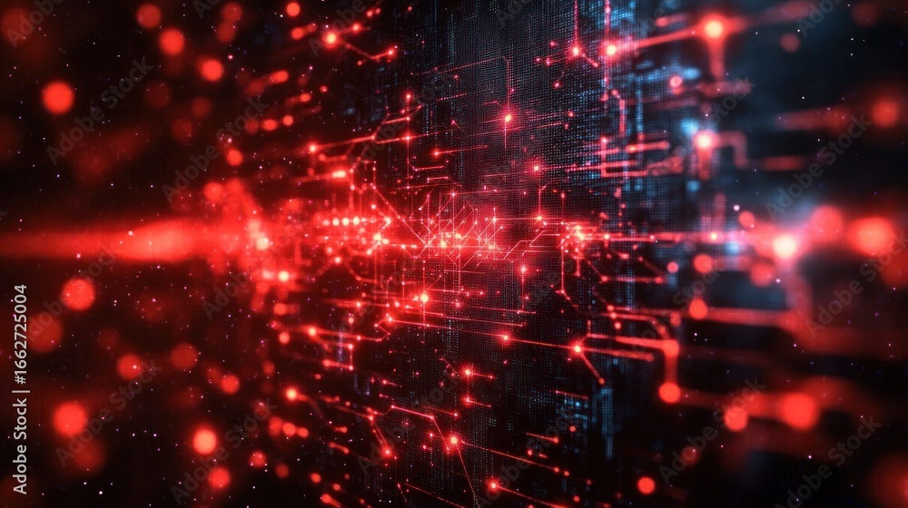 Poster abstract digital circuit board with glowing red light dots and lines creating a futuristic technolog