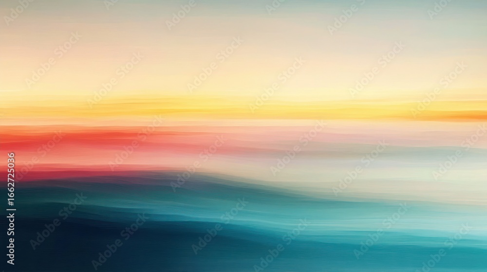 Poster soft abstract landscape with smooth gradient waves blending warm yellow and red hues into cool blue 