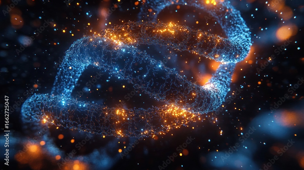 Poster close-up view of a glowing blue and orange digital dna double helix strand floating in a dark space 