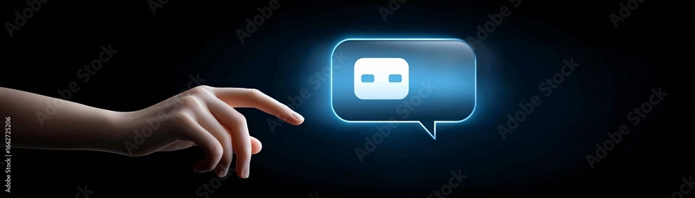 Poster conceptual image of human hand touching a glowing chatbot avatar symbol, representing ai-powered com