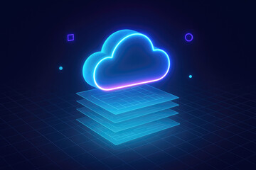 Neon cloud icon floating above stacked digital layers on a grid background computing data