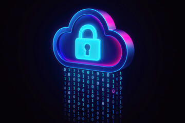 Neon cloud symbol with a padlock and falling binary code on a dark background security data