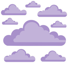Collection of Flat Style Purple Clouds on a White Background