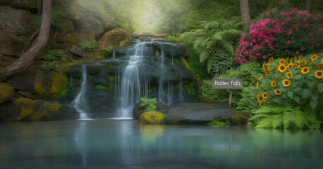 Naklejka premium A small, beautiful waterfall cascades into a serene pool in a lush, green jungle with flowers in the foreground.