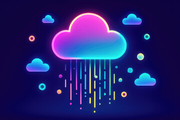 Neon cloud with vibrant glowing rain and scattered colorful particles on a dark backdrop image photo