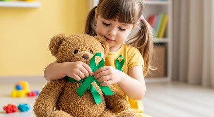 Young girl attaching green ribbon to teddy bear for organ donation week