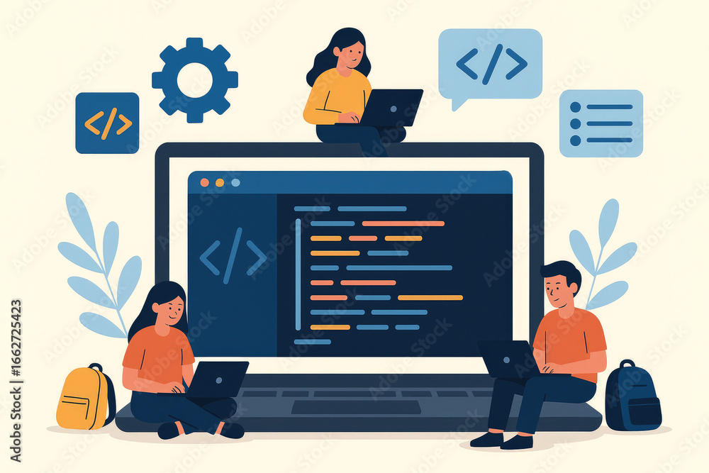 Aufkleber people coding on laptops around a large computer screen with plants and backpacks keywords: teamwork