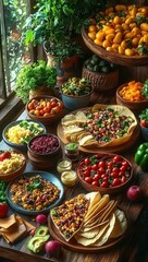 Fototapeta premium Colorful spread of fresh vegetables, dips, and chips arranged on a wooden table near a sunny window with lush green plants adding a fresh and vibrant atmosphere