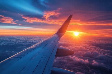 Obraz premium View of an airplane wing flying above vibrant clouds during a colorful sunset with the sun near the horizon casting warm light across the sky