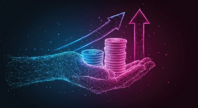 Technology revenue growth concept with polygonal coins in hand and upward arrows, symbolizing profit and financial success in low-poly digital vector style on blue-green background.
