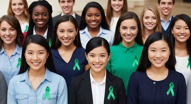 Diverse group of people wearing green ribbons for organ donation awareness - Powered by Adobe