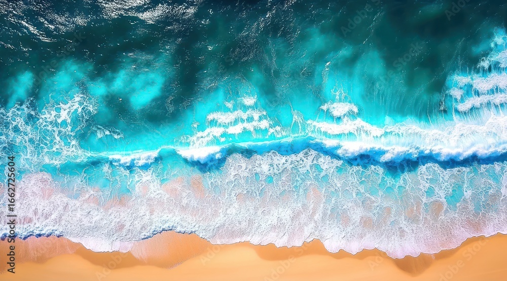 Poster aerial view of vibrant turquoise ocean waves crashing onto a sandy beach with white sea foam creatin