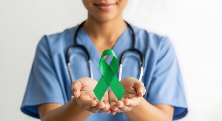 Nurse holding green ribbon for organ donation week