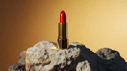 A red lipstick in a golden tube is placed on a white rock against a golden background in studio shot