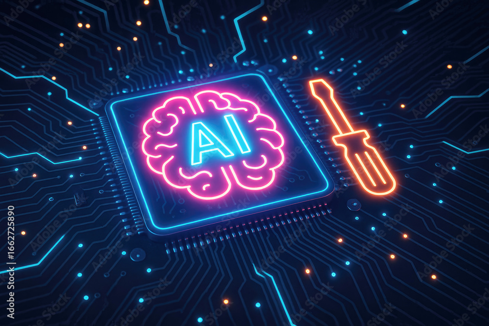 Poster pink ai brain symbol and orange screwdriver on a circuit board with glowing lines artificial intelli