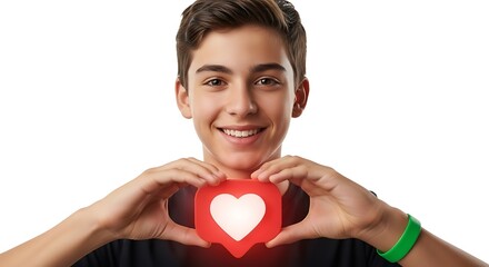 Teen boy holding heart shaped like button for organ donation week